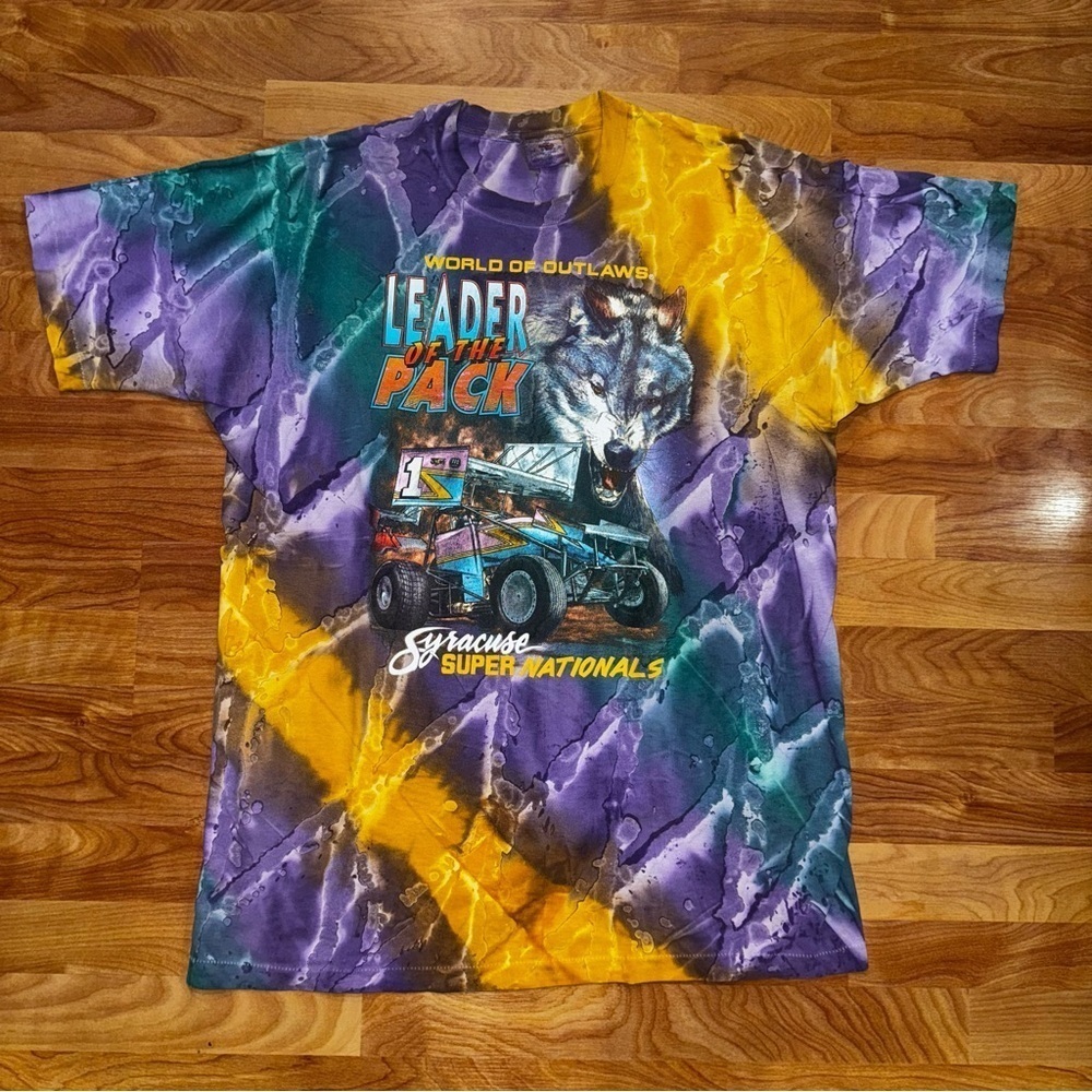 Vtg Syracuse World Of Outlaws T Shirt AOP Tie Dye Leader Of The Pack Mens XL USA